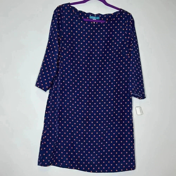 Pim & Larkin Dress Womens M Scallop Neck 3/4 Sleeve Shift Blue Red Polka Dot - Picture 1 of 10